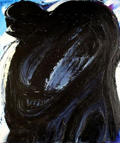 null John CHRISTOFOROU (1921-2014) Profil bleu au casque, 1991. Huile sur toile signée...