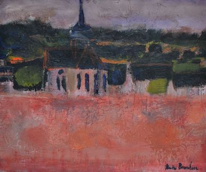 null André BRASILIER (1929) Paysage au champ rose, une église en arrière plan. Huile...