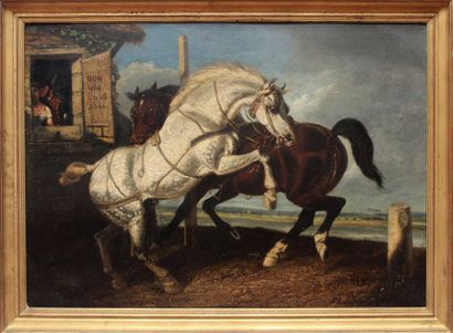 null *Philippe LEDIEU (act.c.1805-c.1827) Combat de chevaux. Huile sur panneau signé...