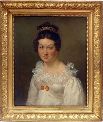 null Ecole française vers 1820-30. Portrait de femme au diadème de perles. Huile...
