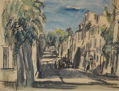 null Hermine DAVID (1886-1970) Rue à Versailles. Fusain et aquarelle signé et désigné...