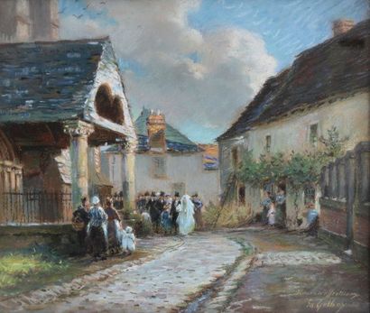null Édouard GELHAY (1856-1939) Le cortège des mariés. Pastel signé en bas à droite....