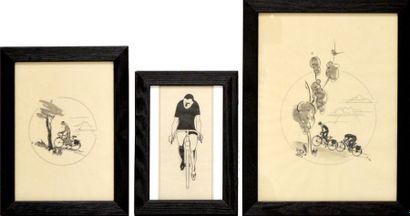 null Lucien VIROT (1909-2003) Cyclistes. Trois compositions à l'encre sur papier...