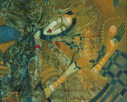 null Peter MITCHEV (1955). Les mariés. Toile signée en bas à gauche. 38 x 46,5 c...