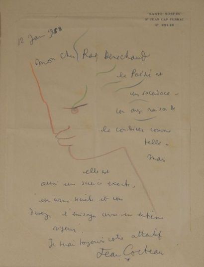 null Jean COCTEAU (1889-1963) LAS rehaussée d'un profil de jeune homme aux crayons...