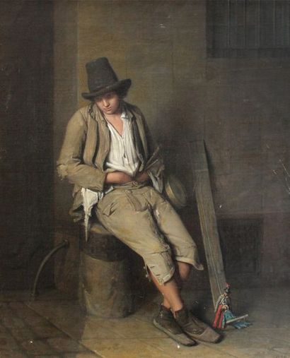null François NOUVIAIRE (1805-1837) Le jeune marionnettiste des rues. Huile sur toile...