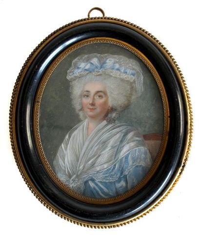 null Ecole française XIXe dans le goût de l'époque Louis XVI. Femme au fichu. Miniature...