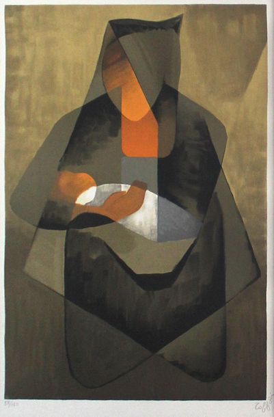 null Louis TOFFOLI (1907-1999). Maternité à l'habit noir. Lithographie en couleurs,...