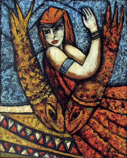 null Julius DRESNER (1963) La femme aux poissons. Huile sur toile signée en bas à...