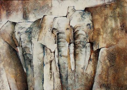 null Claudia MATEO MATTI, XXe-XXIe. Les éléphants. Huile sur toile. 66 x 47 cm