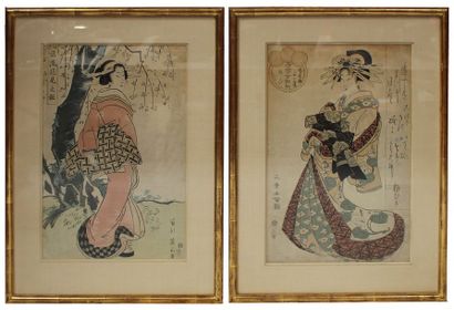 null Kikugawa EIZAN (1787-1867) Geisha sous un cerisier. Estampe sur bois en couleur....