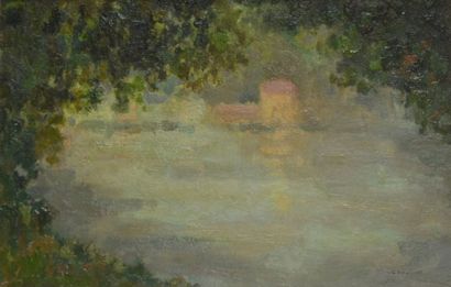null Maurice LOUVRIER (1878-1954) Le lac au matin, Grancourt, 1942. Huile sur toile...