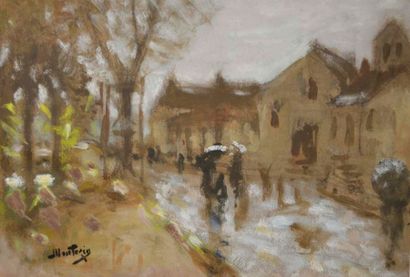 null Pierre Eugène MONTEZIN (1874-1946) Rue sous la pluie. Gouache sur papier signée...