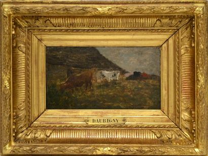 null Charles François DAUBIGNY (1817-1878) Vaches s'abreuvant. Huile sur panneau...