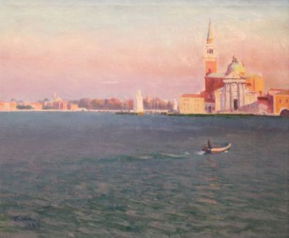 null Takashi KAI, XXe. Barque sur la lagune à Venise, 1982. Huile sur toile signée...