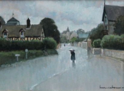 null Henry Maurice CAHOURS (1889-1974) Femme sous la pluie, rue de village. Gouache...