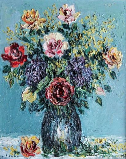 null Jac LAUBÉ, XXe. Vase de roses, 1951. Huile sur toile signée en bas à gauche,...
