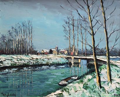 null Jac LAUBÉ, XXe. Rivière sous la neige, 1963. Huile sur toile signée et datée...