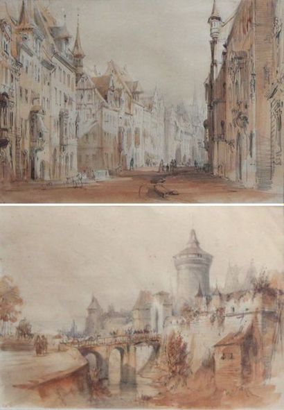 null Charlotte de ROTHSCHILD (1825-1899) Rue médiévale animée et pont animée à l'entrée...