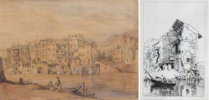 null Charlotte de ROTHSCHILD (1825-1899) Paysannes et et enfant sur la rive. dessin...