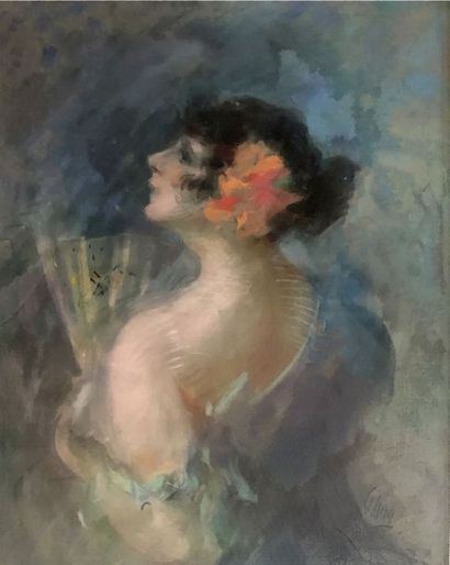 null Jules CHÉRET (1836-1932) Femme espagnole à l'éventail de trois-quarts dos. Pastel...