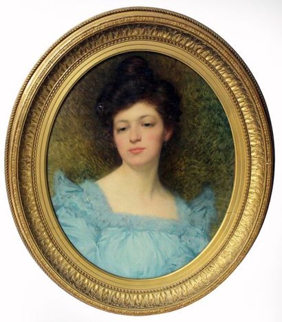 null Ecole française vers 1900. Portrait de jeune femme à la robe bleue. Huile sur...