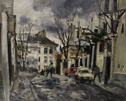 null Gaston SEBIRE (1920-2001) Rue animée à Montmartre, vers 1970. Huile sur toile...