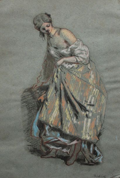 null Ecole française fin XIXe. Femme à la robe à rayures. Pastel sur papier vert....