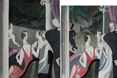 null Jean Émile LABOUREUR (1877-1943) (Attribué à). Elégantes à l'Opéra. Deux aquarelles...