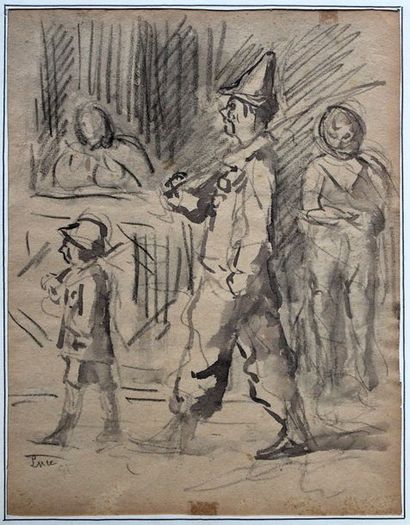 null Maximilien LUCE (1858-1941) Enfants jouant aux soldats. Lavis d'encre signé...
