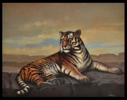 null Daniel SOLNON né en 1943. Tigre en majesté. Huile sur toile signée en bas à...