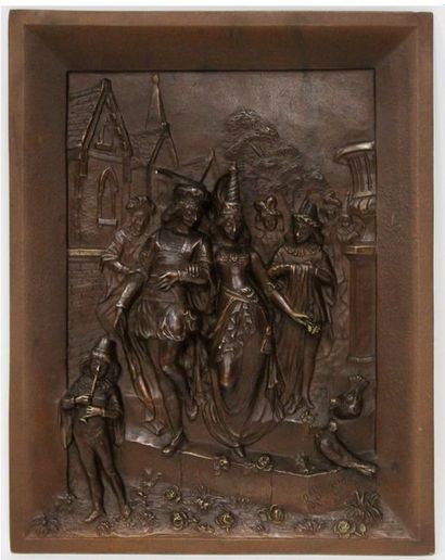 null Léon PERZINKA (act.c.1887-c.1903) Mariage médiéval. Bronze en bas-relief à patine...