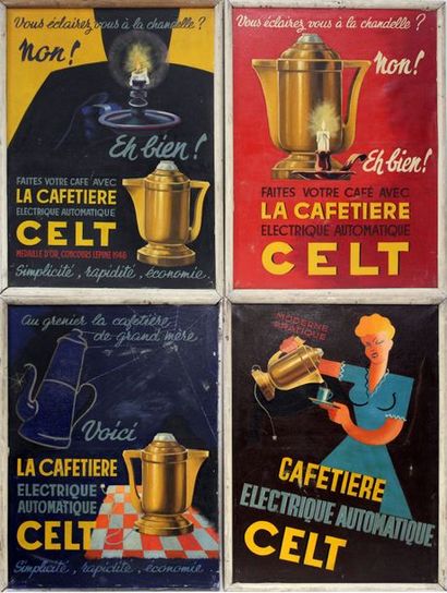 null Ecole française vers 1950. Suite de quatre toiles publicitaires sur la cafetière...