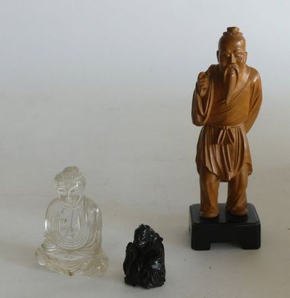 null LOT/ BOUDDHA en cristal de roche, sujet en bois sculpté et netsuké en bois ...