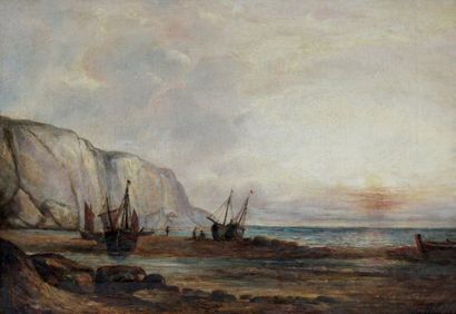 null Jules Achille NOËL (1810-1881). Voiliers au pied des falaises, 1832. Huile sur...