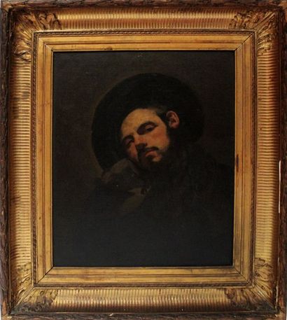 null Ecole française XIXe. Portrait de jeune homme au chapeau et aux gants. Huile...