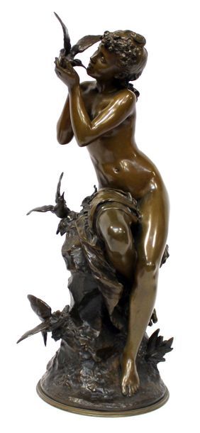 null Mathurin MOREAU (1822-1912) Femme aux oiseaux. Bronze à patine médaille et brune,...