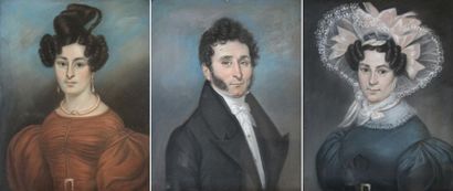 null Ecole française vers 1820. Portrait d'un homme et deux femmes. Trois pastels...