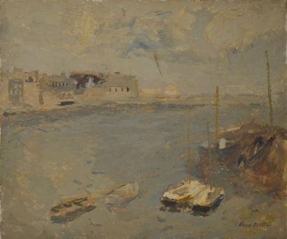 null Frank Edwin SCOTT (1863-1929) Voiliers amarrés au port. Huile sur toile signée...