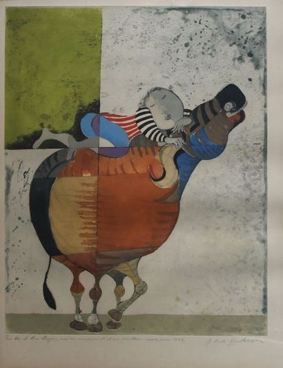 null Graciela RODO BOULANGER (1935) Femme et vache multicolore. Eau-forte et aquatinte...