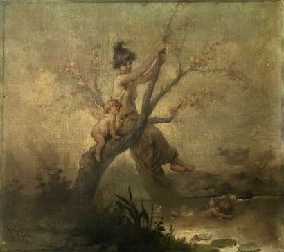 null Virgilio TOJETTI (1851-1901) Nymphe perchée dans un arbre au dessus d’une rivière,...
