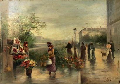 null Léonie LEBAS (XIXe-XXe Le marché aux fleurs. Huile sur panneau signé en bas...