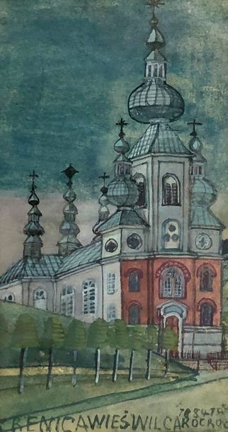 null Ecole polonaise RENICA WIESWILCA, XXe. église orthodoxe. Aquarelle annotée en...