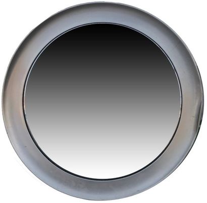 null MIROIR rond en Inox brossé, le tain marqué de quatre rectangles. (Choc). D....