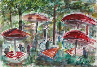 null Roland DUBUC (1924-1998) Déjeuner sous les parasols. Aquarelle signée en bas...
