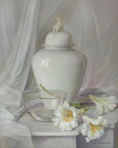 null Amélie DESRUMAUX, XXe Vase et lys blancs sur un entablement. Pastel signé en...