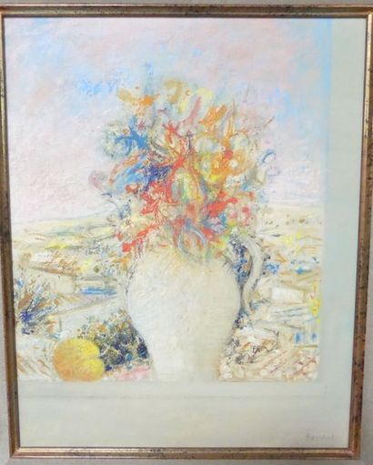 null Alex BERDAL (1945) Vase de fleurs et paysage dans une fenêtre. Huile sur toile...