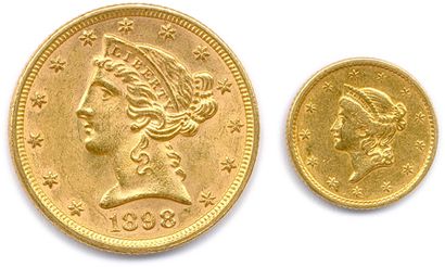 null Lot de 2 monnaies d’or USA : 5 dollars Liberté 1898 Philadelphie (8,44 g), Dollar...