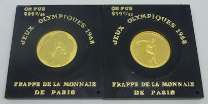 null DEUX MEDAILLES en or 999 mil. jeux olympiques 1968 Mexico et Grenoble. Poids...