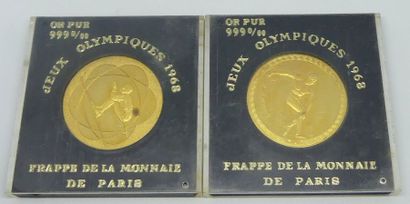 null DEUX MEDAILLES en or 999 mil. jeux olympiques 1968 Mexico et Grenoble. Poids...